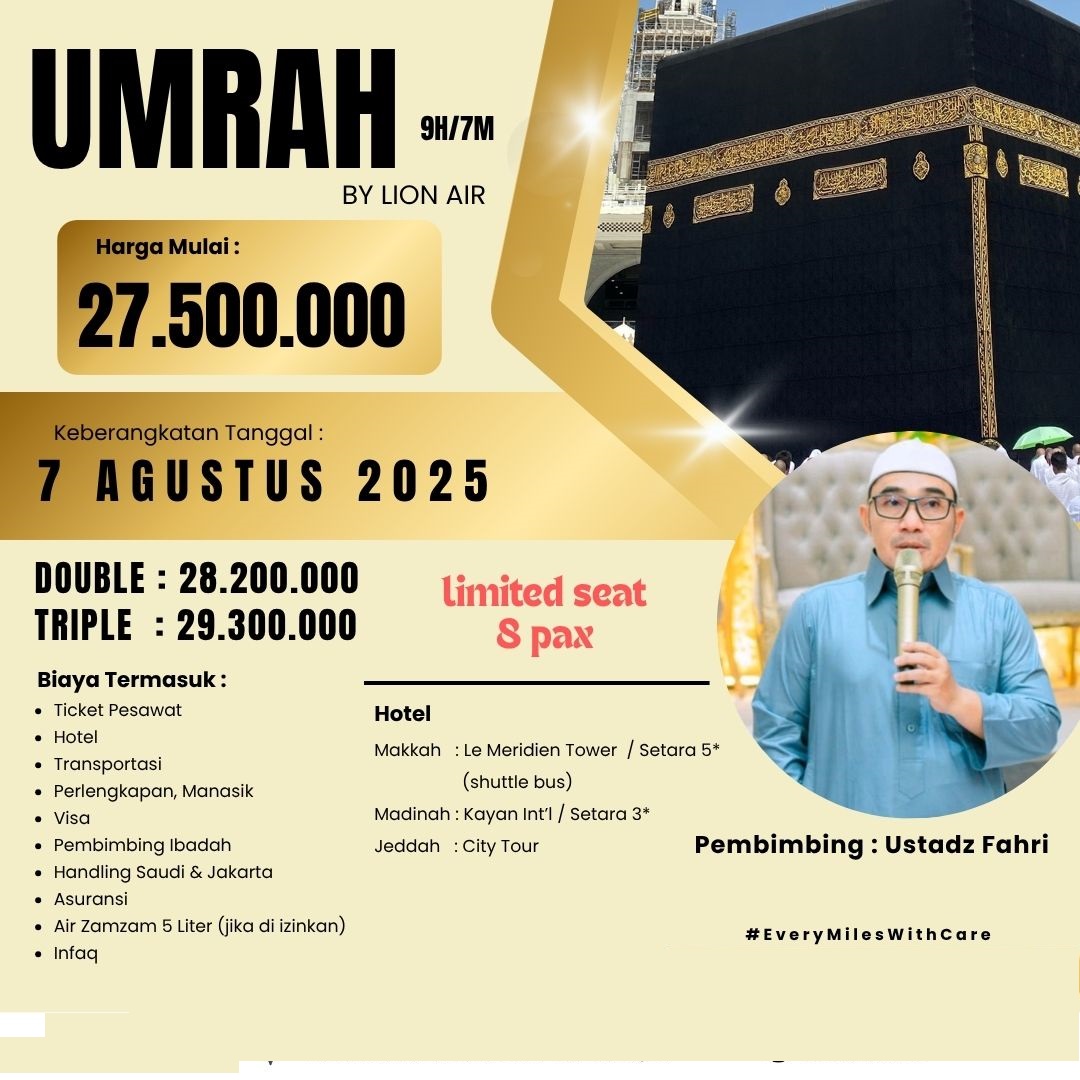 Paket  Umrah  Arrahmah,  BTT – ASA TOUR , 9 Hari / 7 Malam, Keberangkatan 07 Agustus  2025 